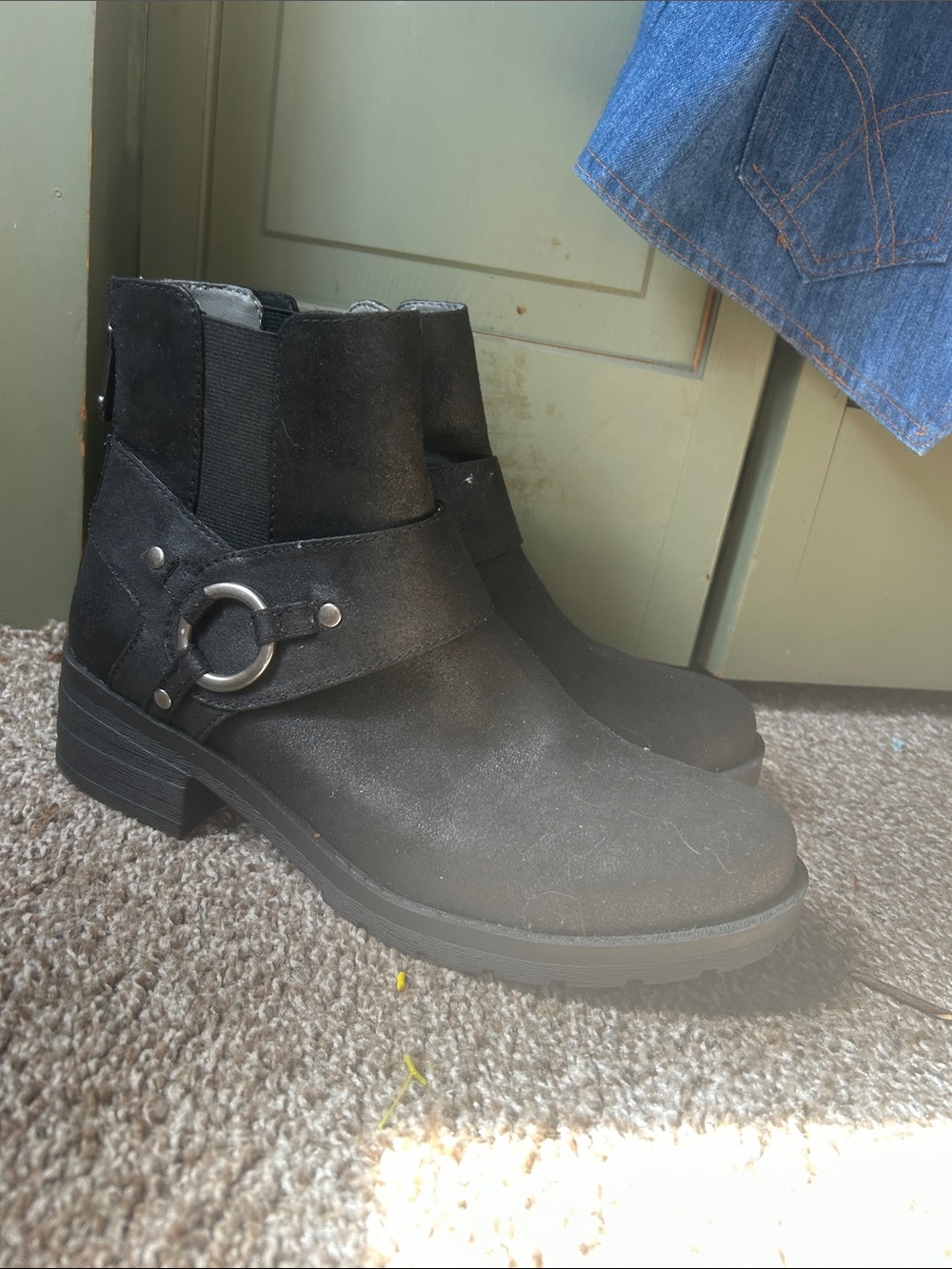 Black Women's Ankle moto Boots with Silver Ring Accent